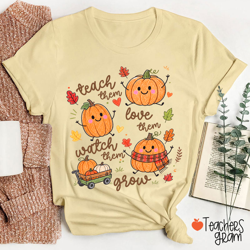 Teach Them Love Them Watch Them Grow Cute Pumpkin Autumn Leaf Teacher T-Shirt