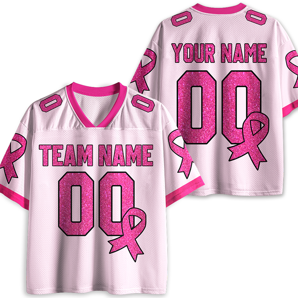 Personalized Name Team Number Pink Ribbon Teacher Mesh Jersey-Teachersgram