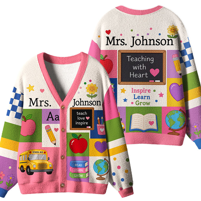 Personalized Name Apple Pencil Splicing Design Teacher Ugly Cardigan Sweaters