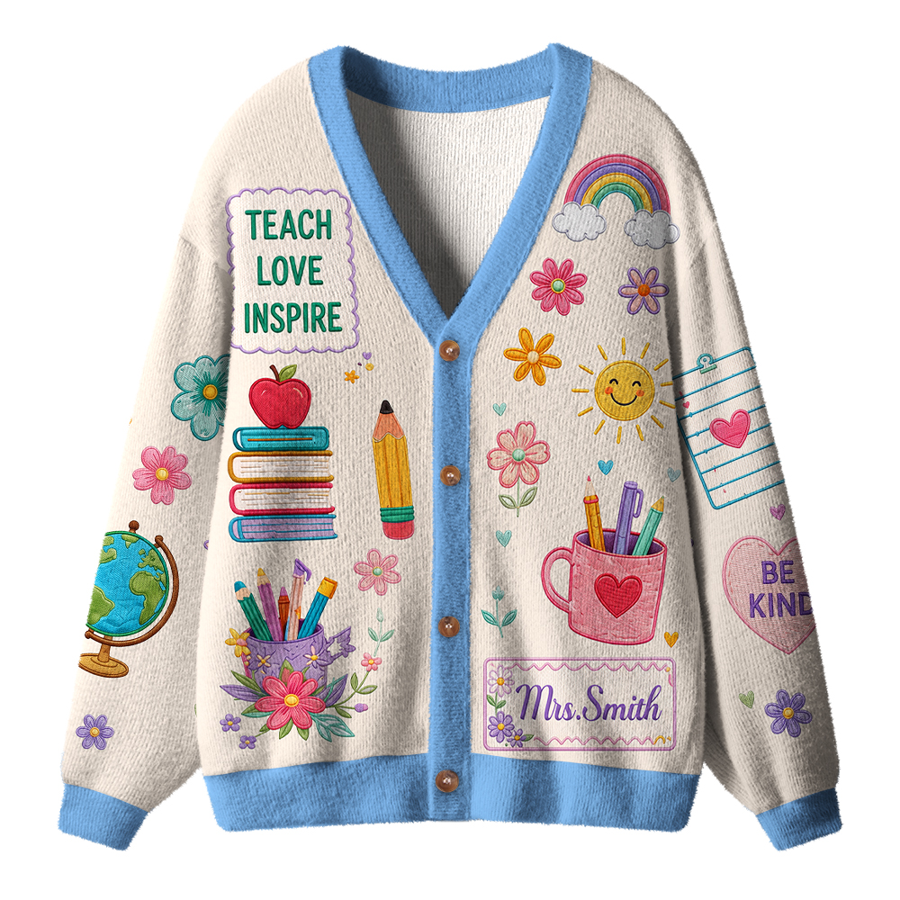 Personalized Name Teach Love Inspire Floral Teacher Ugly Cardigan Sweaters