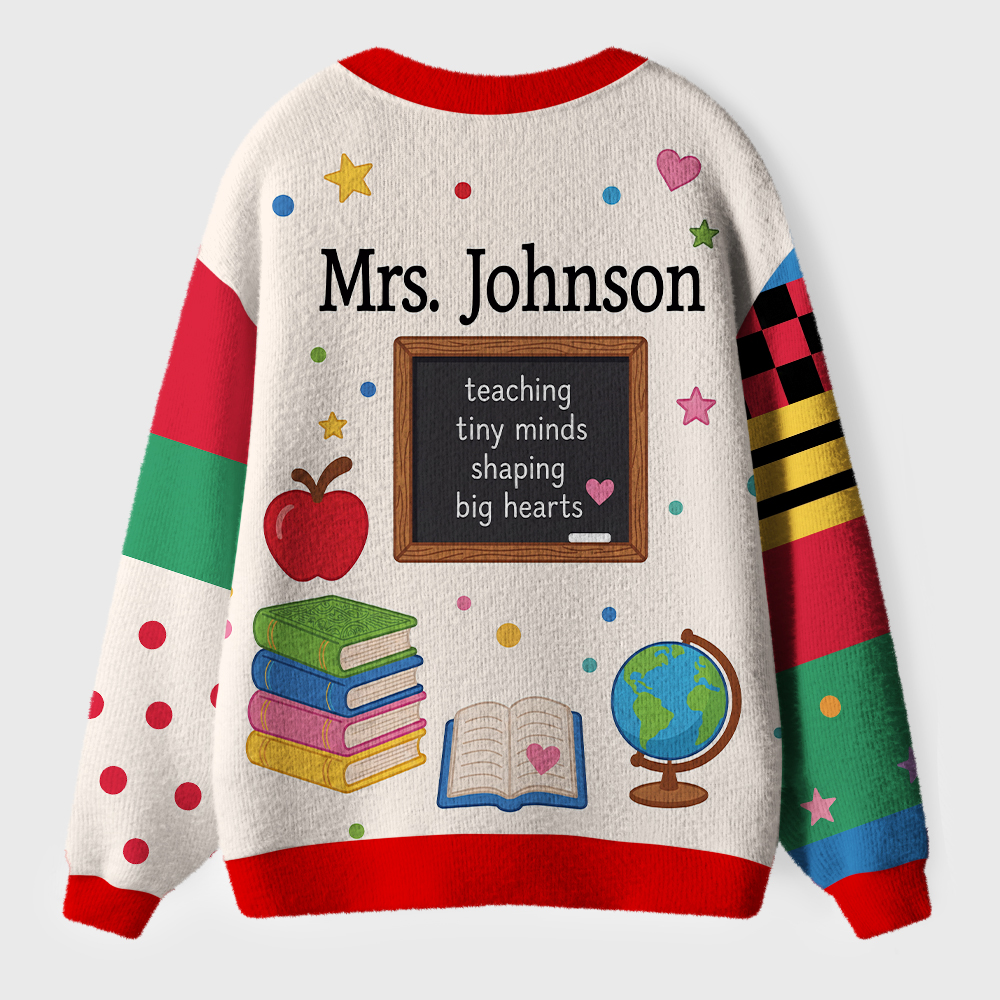 Personalized Name Apple Pencil Splicing Design Teacher Ugly Cardigan Sweaters