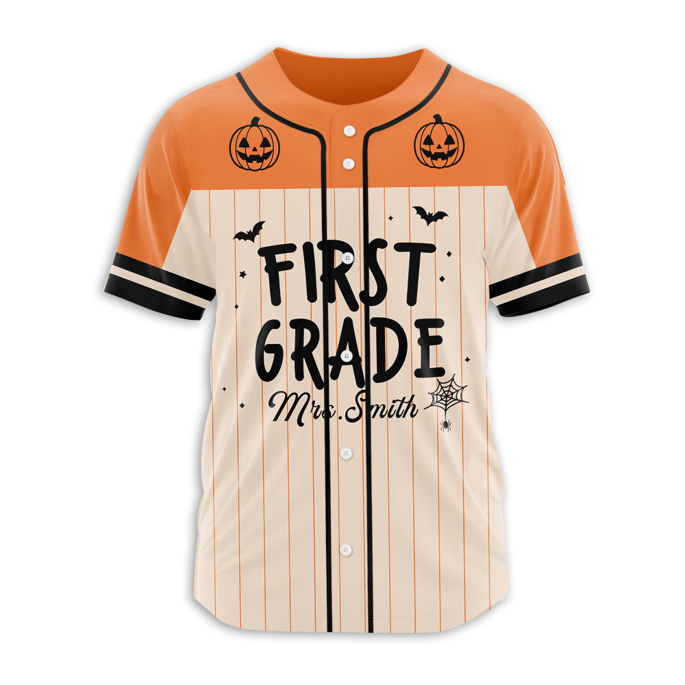 Personalized Grade Name Halloween Pumpkin Bat Teacher Baseball Jersey
