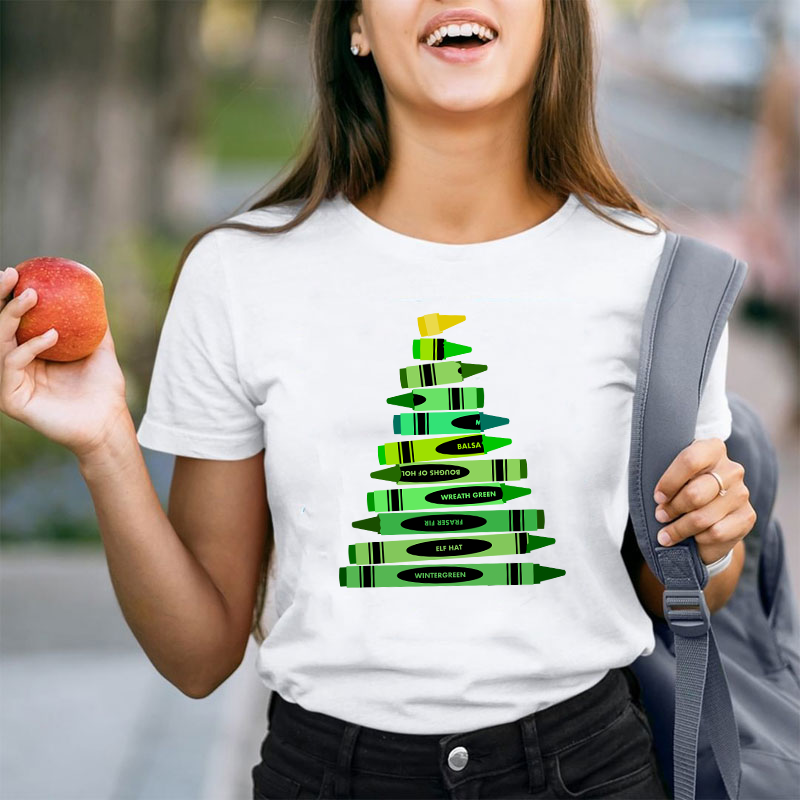 Green Crayon Christmas Tree Teacher T-Shirt