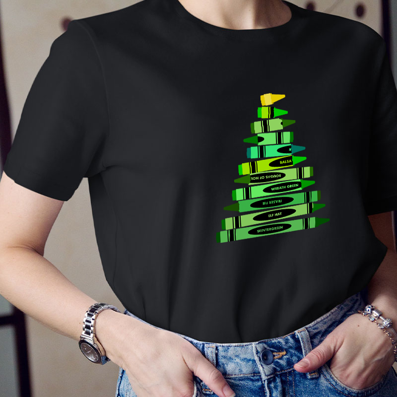 Green Crayon Christmas Tree Teacher T-Shirt