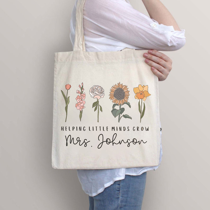 Personalized Helping Little Minds Grow Teacher Canvas Tote Bag