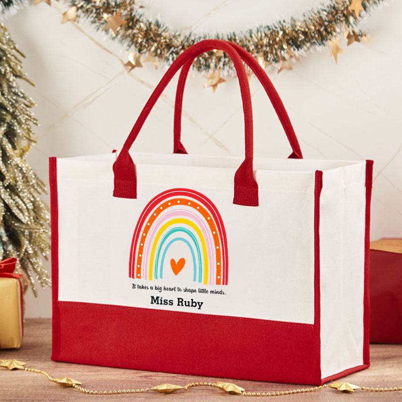 Personalized Red Rainbow It Takes A Big Heart Teacher Cotton Tote Bag