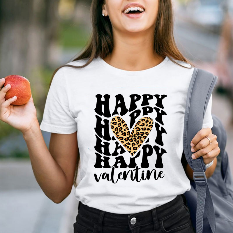 Happy Happy Valentine Leopard Heart Teacher T-Shirt