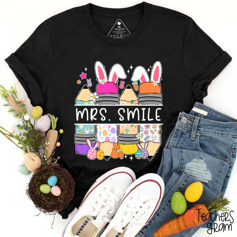 Personalized Name Bunny Pencil Teacher T-Shirt