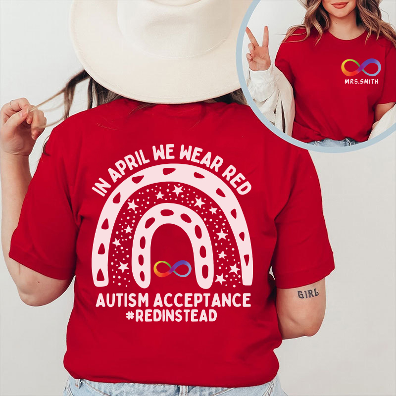 Personalized In April We Wear Red Teacher Two Sided T-Shirt Sale-Teachersgram