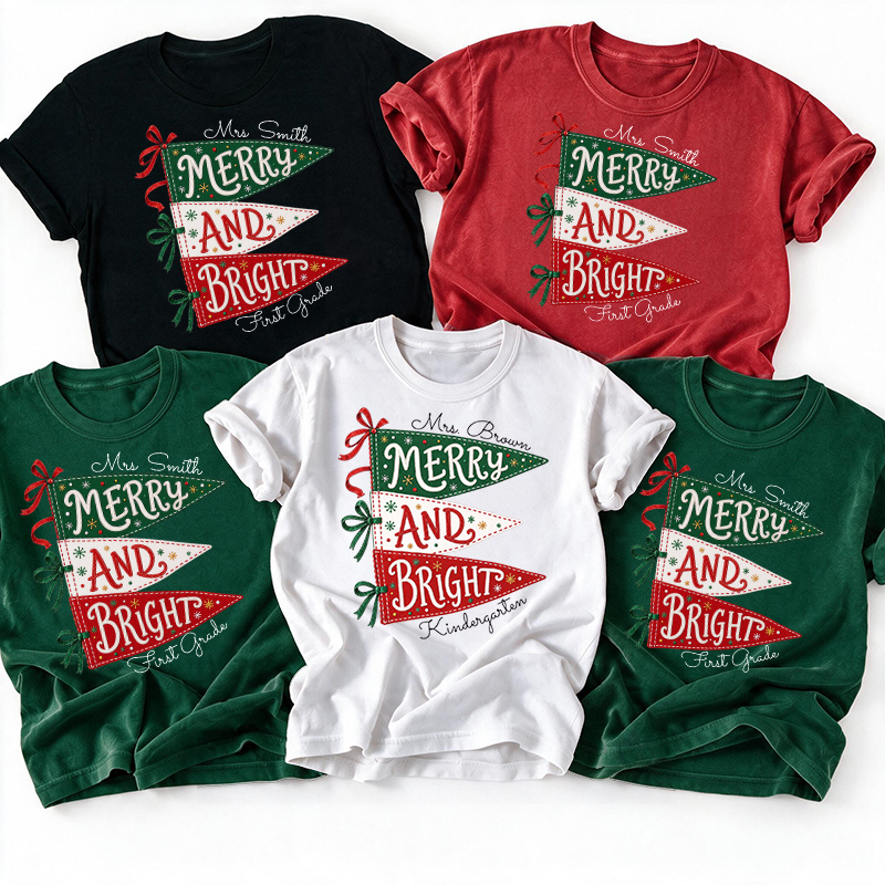Personalized Name And Grade Merry And Bright Teacher T-Shirt