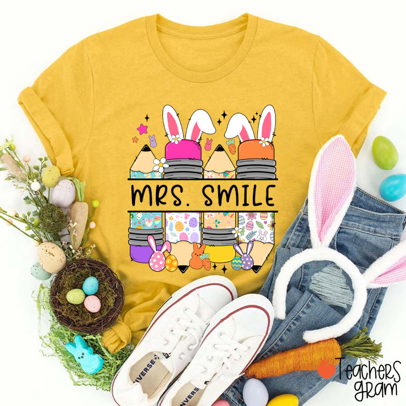Personalized Name Bunny Pencil Teacher T-Shirt