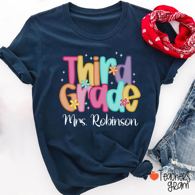 Personalized Name And Grade Candy Font Teacher T-Shirt