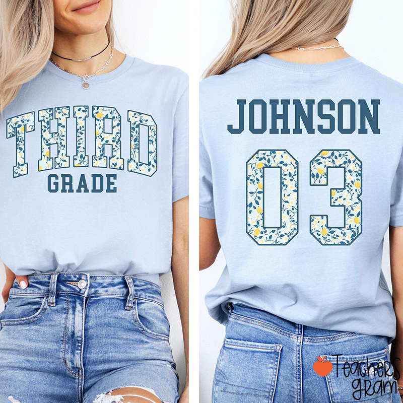 Personalized Grade And Name Floral Letter Teacher Two Sided T-Shirt-Teachersgram