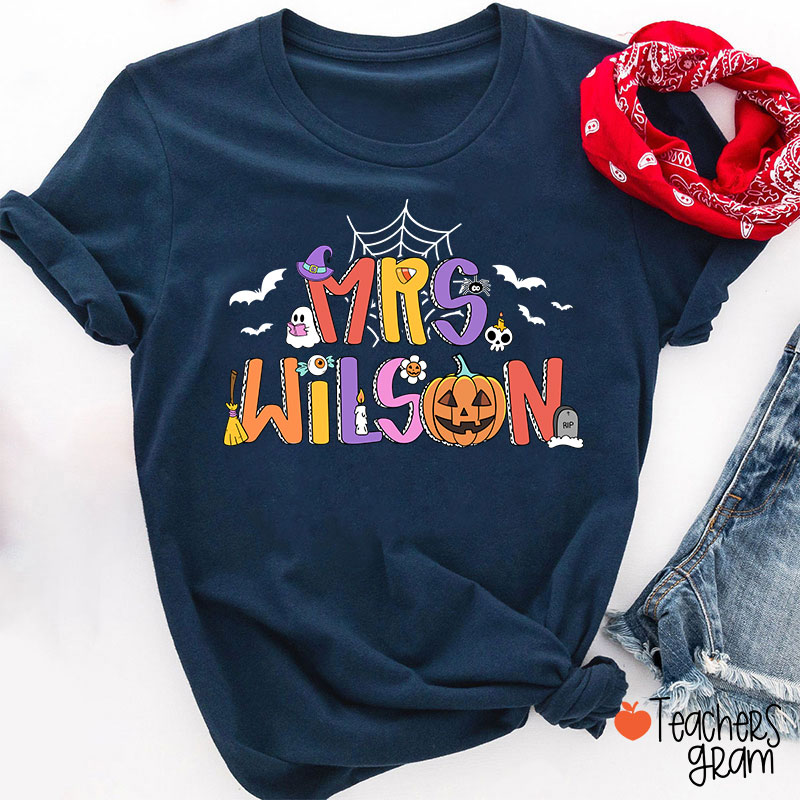 Personalized Name Spider Web Ghost Pumpkin Teacher T-Shirt