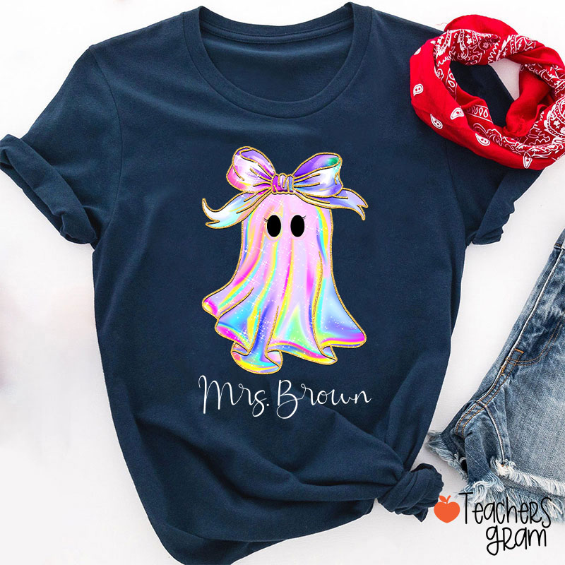 Personalized Name Colorful Neon Bow Ghost Teacher T-Shirt