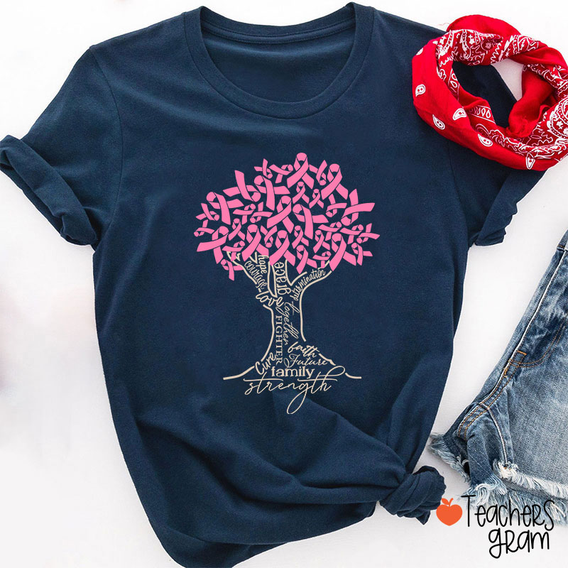 Pink Ribbon Tree Breast Cancer Teacher T-Shirt