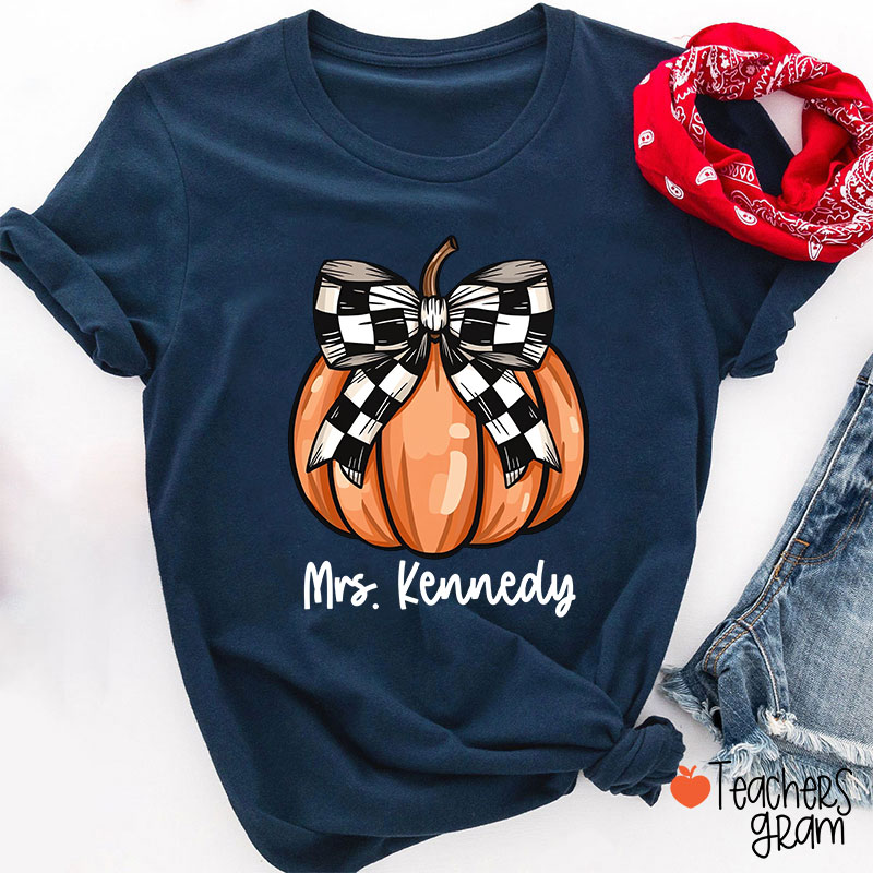 Personalized Name Pumpkin Bow Teacher T-Shirt