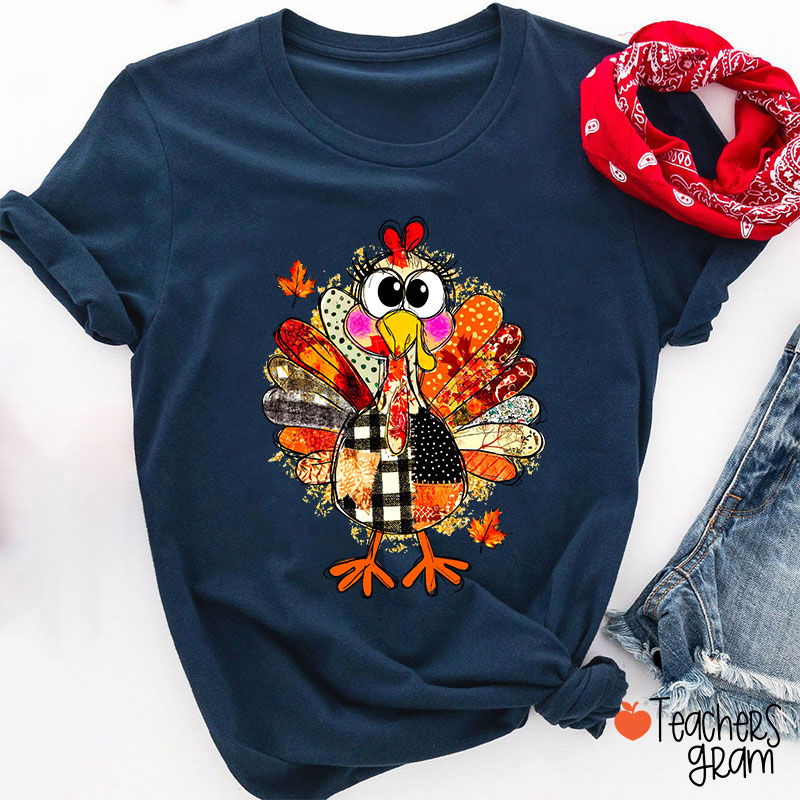 Collage Of Flowers And Thanksgiving Turkey Teacher T-Shirt