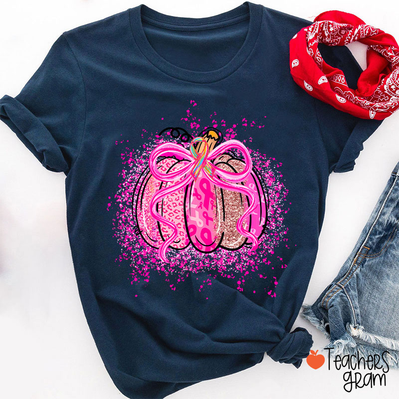 Pumpkin Theme Pink Ribbon Teacher T-Shirt