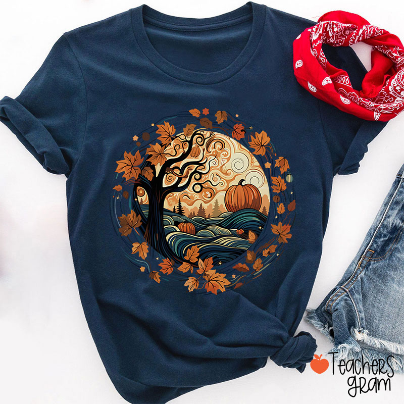Cottagecore Pumpkins Leaves Trees Fall Vibe Teacher T-Shirt