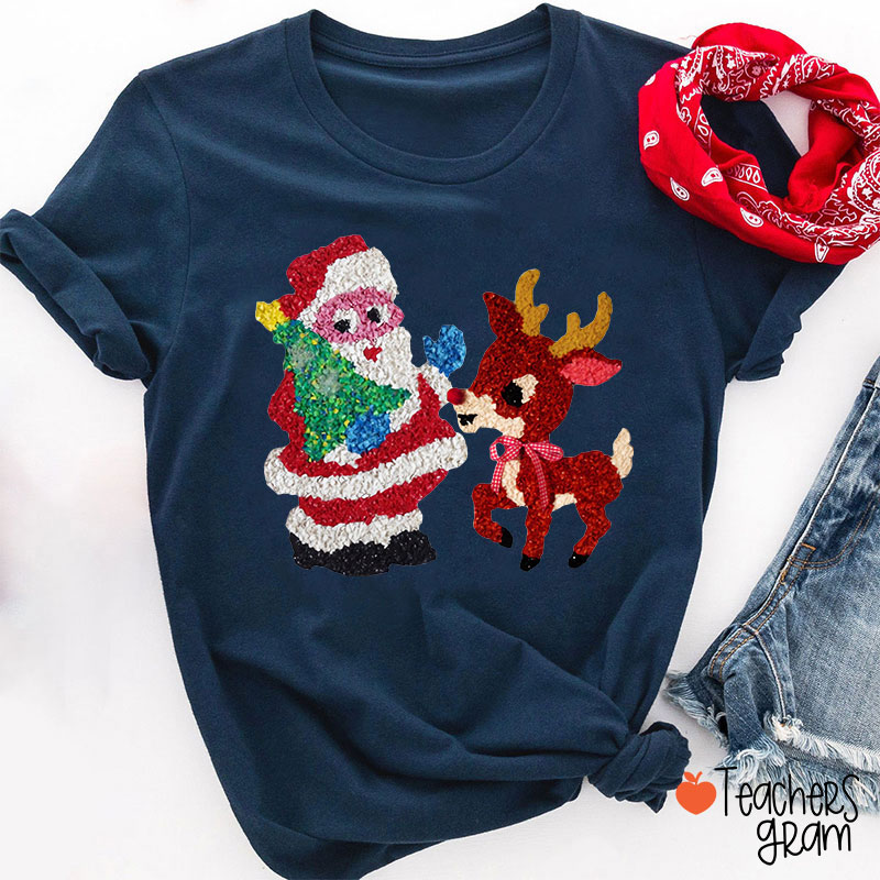 Santa And Rudolph Faux Melted Plastic Teacher T-Shirt