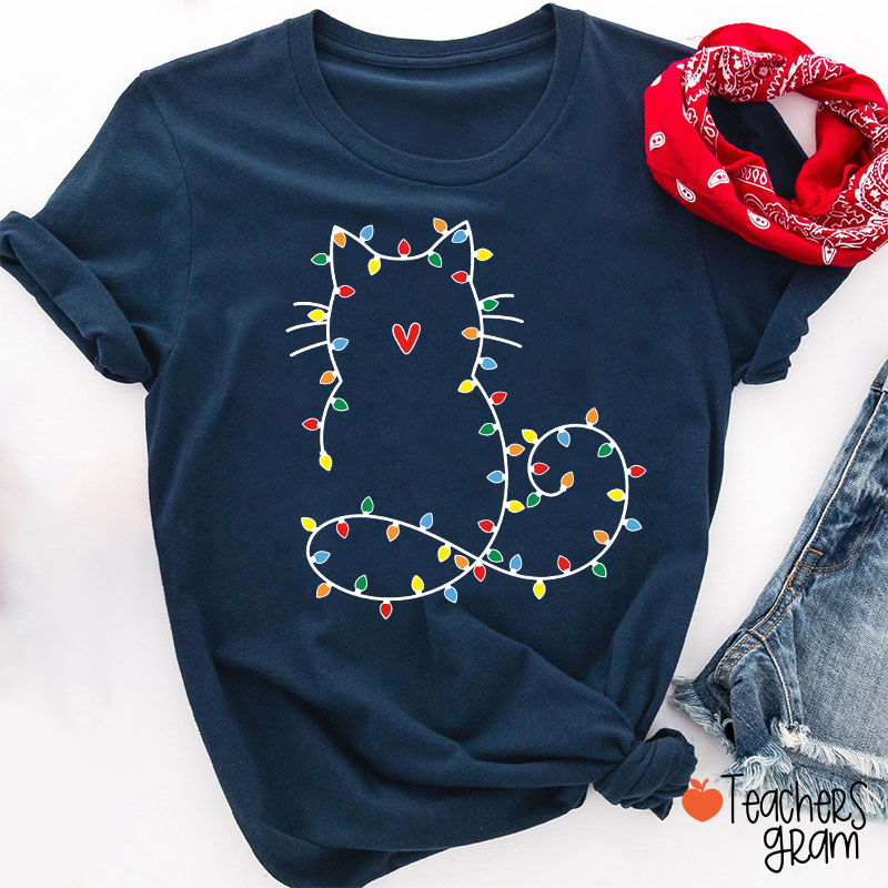 Cute Cat Christmas Lights Teacher T-Shirt