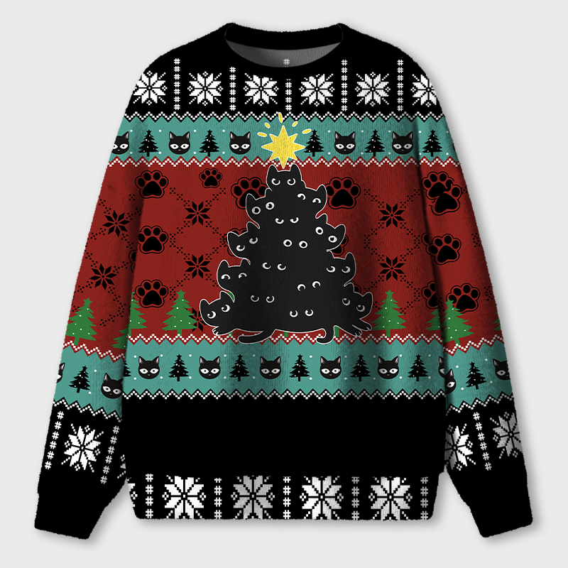 Cute Black Cat Christmas Tree Teacher Ugly Fluffy Christmas Sweater