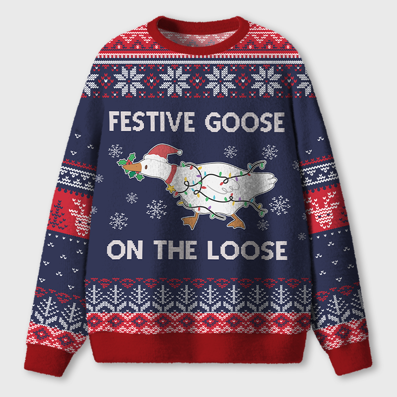 Festive Goose On The Loose Teacher Ugly Fluffy Christmas Sweater