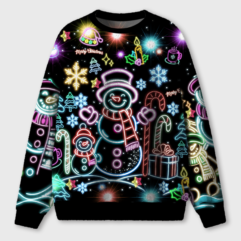 Bright Neon Lighting Snowman Teacher Ugly Fluffy Christmas Sweater