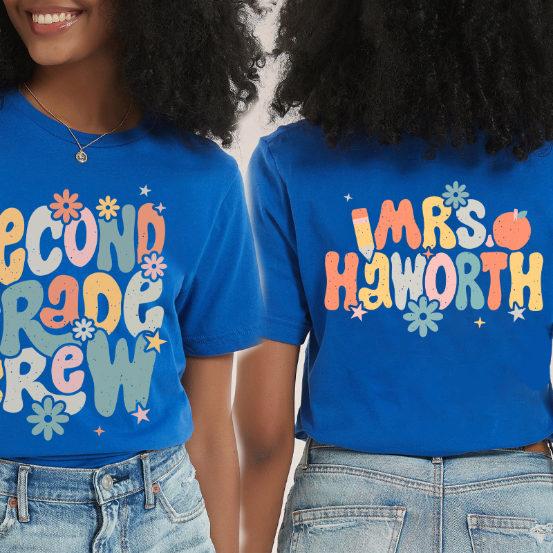 Personalized Name And Grade Bloom Flowers Teacher Two Sided T-Shirt