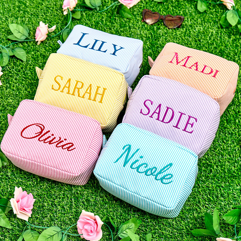 Personalized Name Embroidered Seersucker Makeup Bag