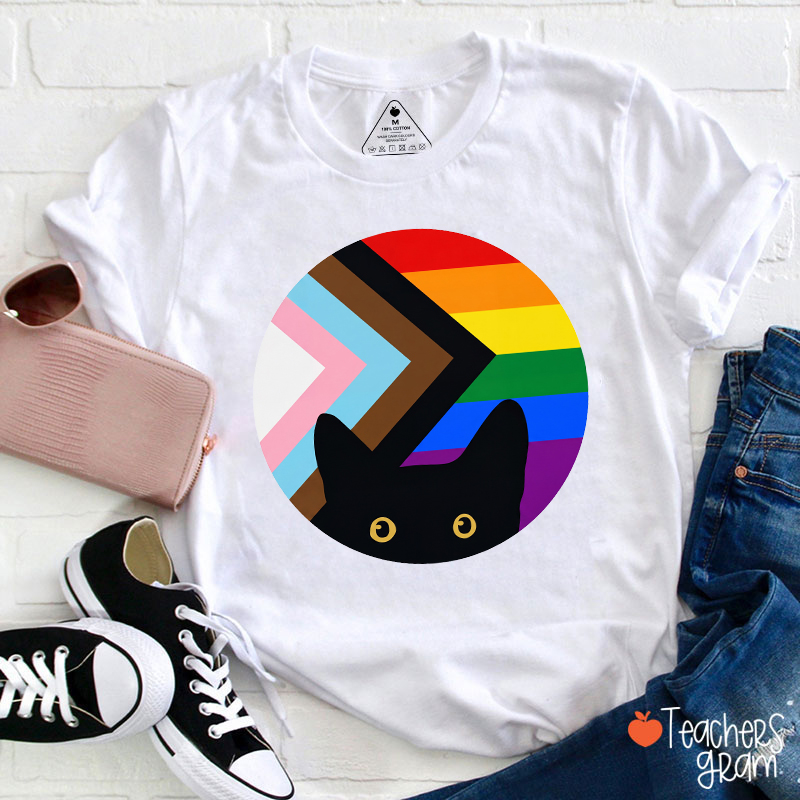 Rainbow And Black Cat Teacher T-Shirt