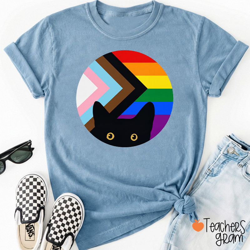 Rainbow And Black Cat Teacher T-Shirt