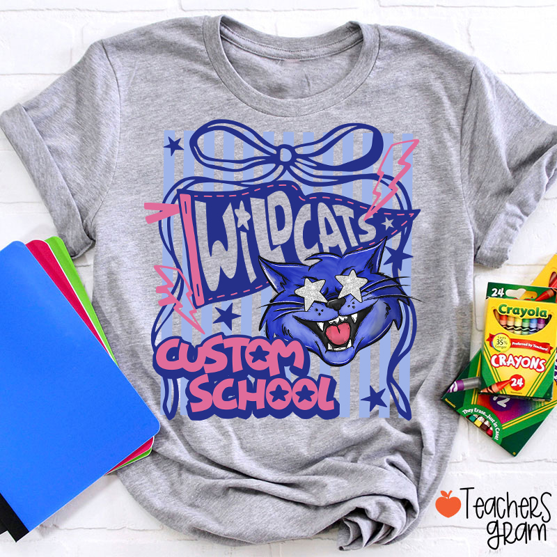 Personalized Mascot Coquette Bow Striped Teacher T-Shirt