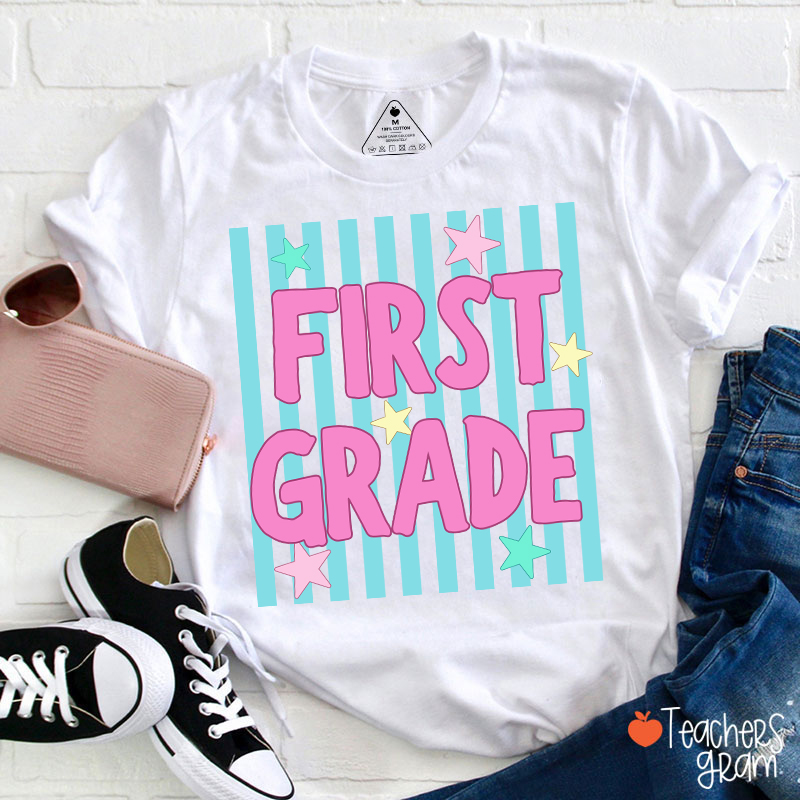 Personalized Grade Preppy Stripes Appreciation Teacher T-Shirt-Teachersgram
