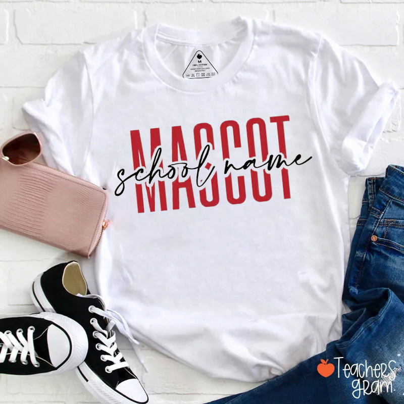 Personalized Mascot And School Name Bold Varsity Script Teacher T-Shirt