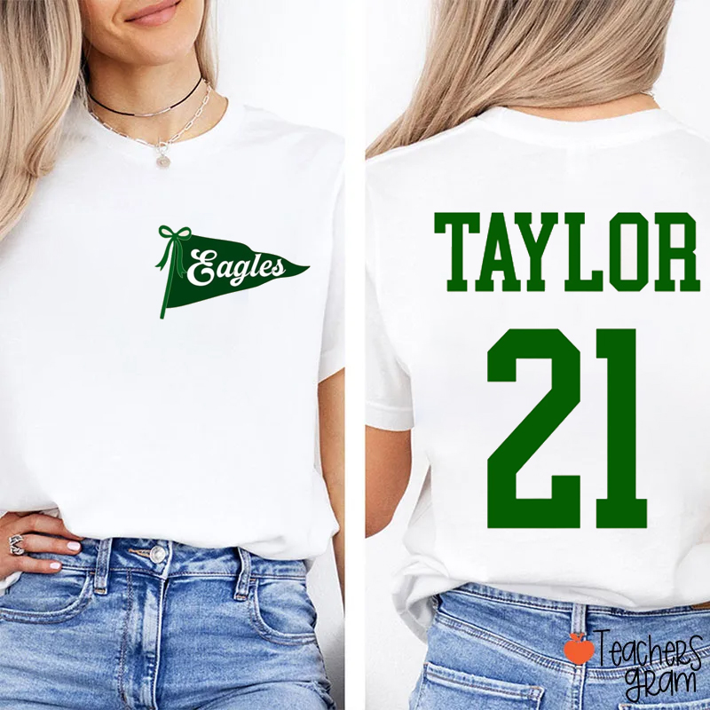 Personalized Name Number Mascot Pennant Teacher Two Sided T-Shirt