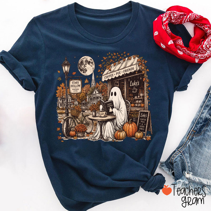 Ghost Reading At Coffee Shop Halloween Teacher T-Shirt