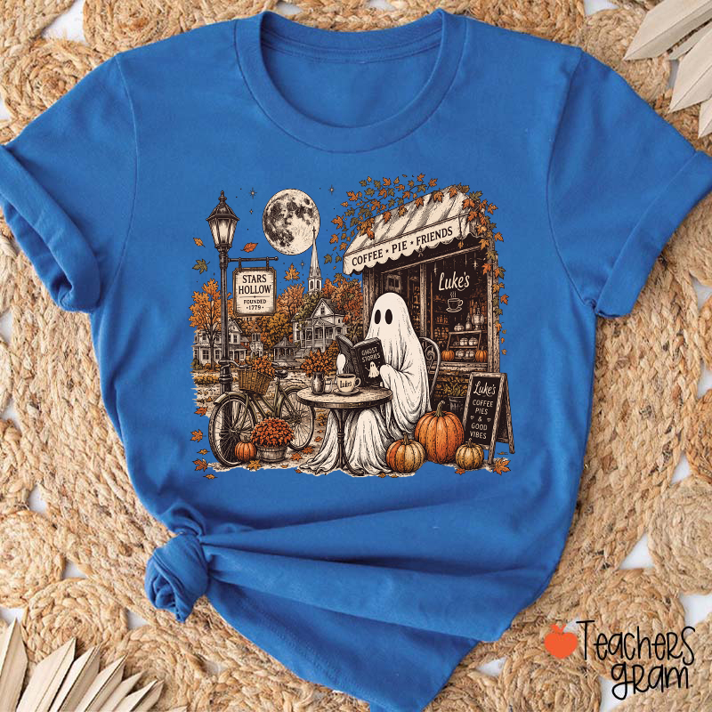 Ghost Reading At Coffee Shop Halloween Teacher T-Shirt