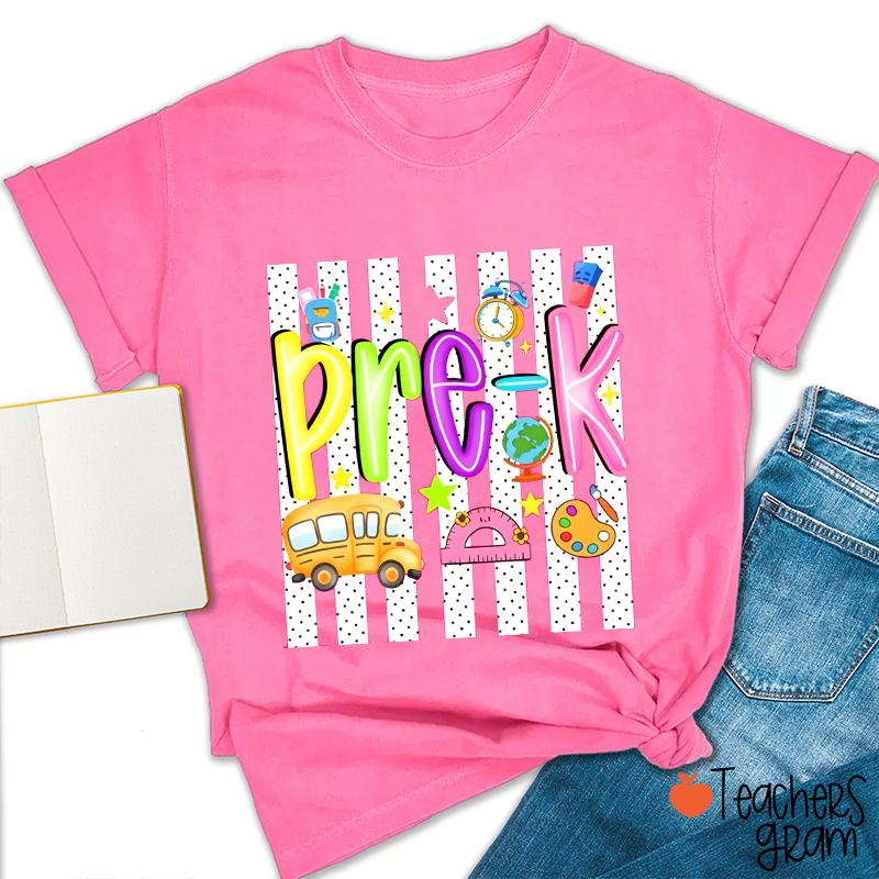 Personalized Spotted Striped School Supplies Teacher T-Shirt