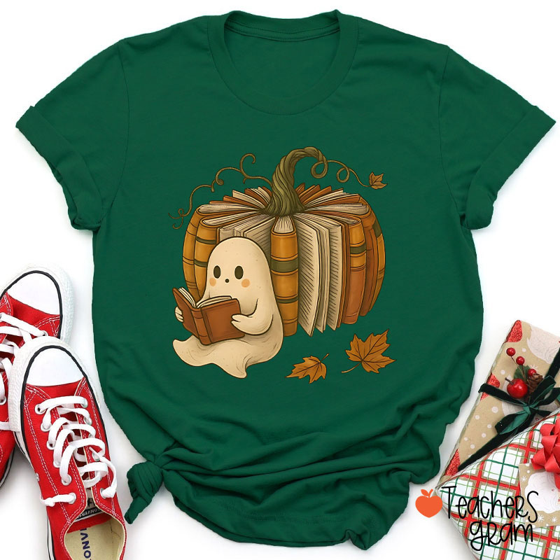 Ghost Reading Book Pumpkin Teacher T-Shirt