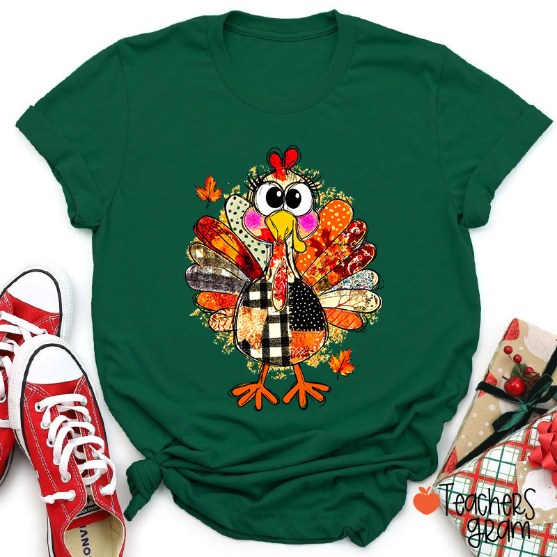 Collage Of Flowers And Thanksgiving Turkey Teacher T-Shirt