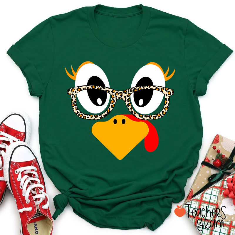 Turkey With Leopard Print Glasses Teacher T-Shirt
