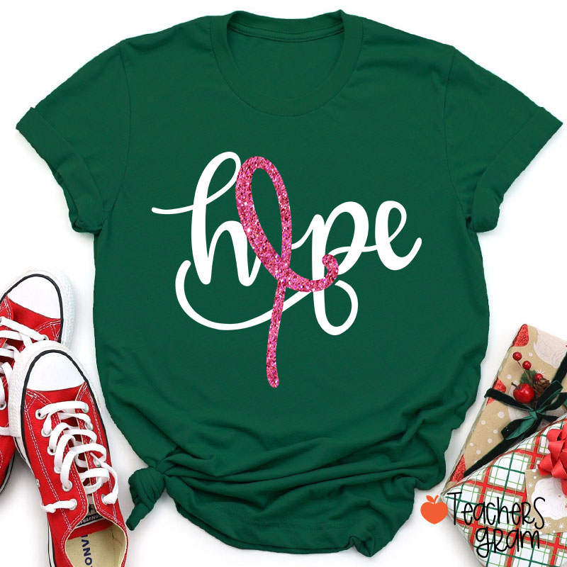 Pink Ribbon Hope Breast Cancer Teacher T-Shirt