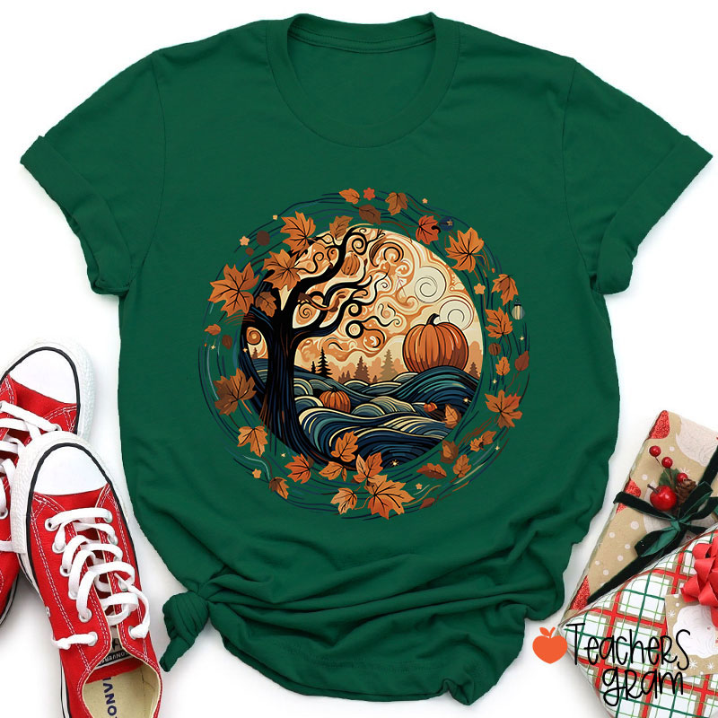 Cottagecore Pumpkins Leaves Trees Fall Vibe Teacher T-Shirt