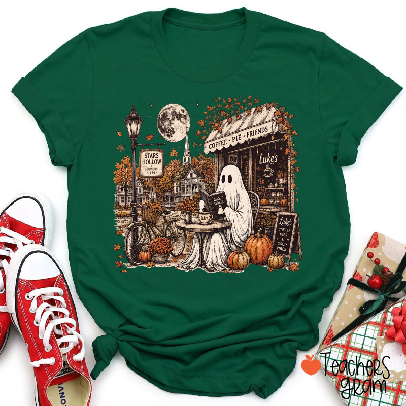 Ghost Reading At Coffee Shop Halloween Teacher T-Shirt