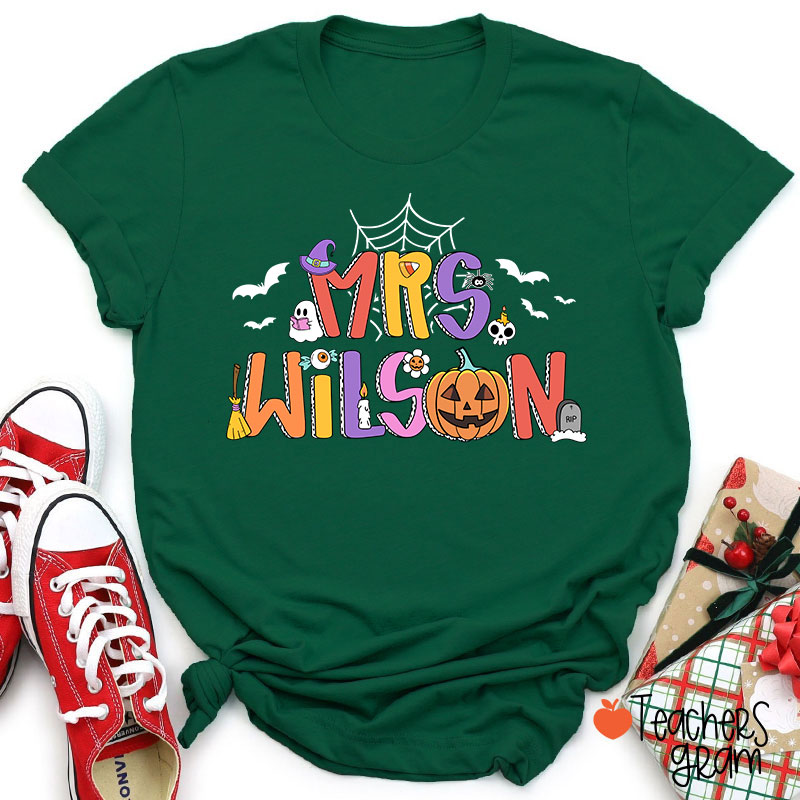 Personalized Name Spider Web Ghost Pumpkin Teacher T-Shirt