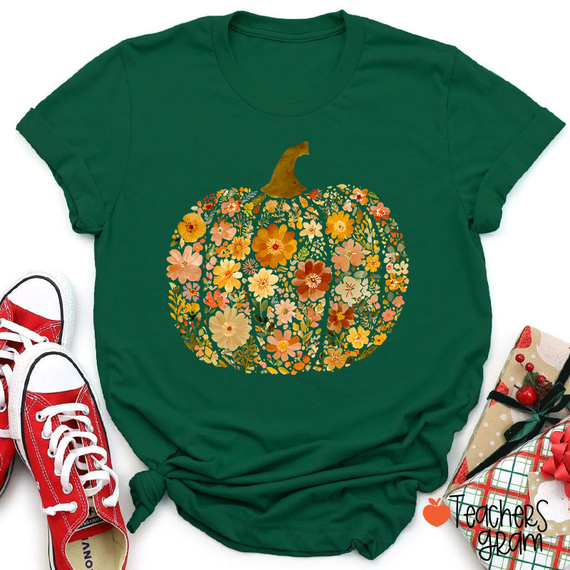 Pumpkin Orange Flowers Grass Teacher T-Shirt