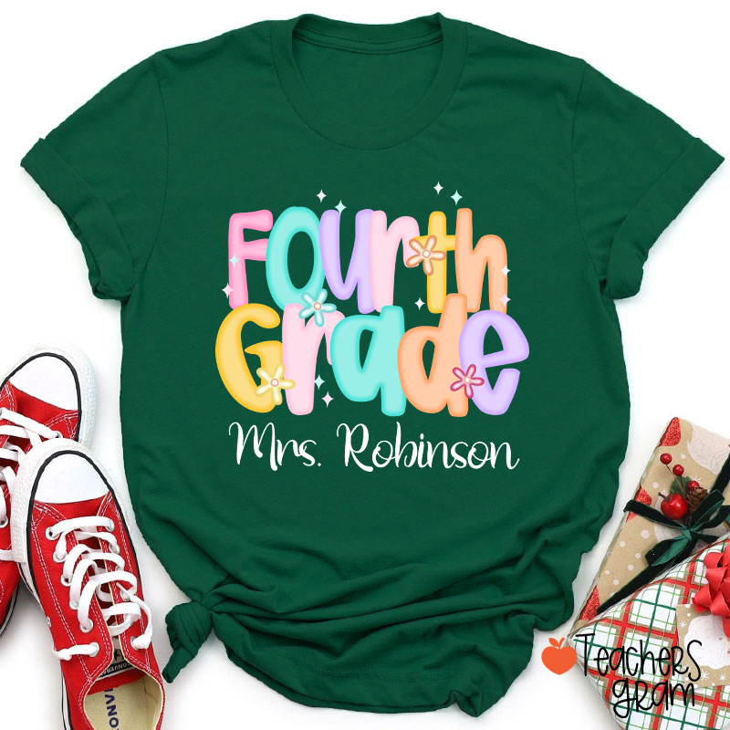 Personalized Name And Grade Candy Font Teacher T-Shirt