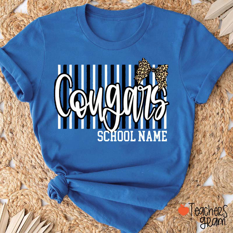 Personalized School Mascot Stripe Leopard Bow Teacher T-Shirt